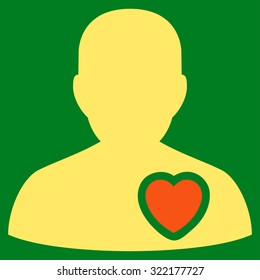 Patient Heart vector icon. Style is bicolor flat symbol, orange and yellow colors, rounded angles, green background.
