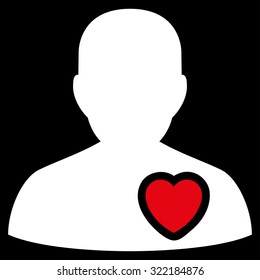 Patient Heart vector icon. Style is bicolor flat symbol, red and white colors, rounded angles, black background.