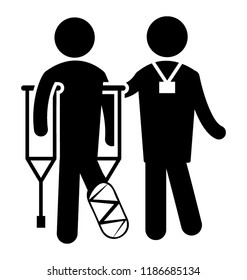 A patient help in an icon by supporting him in walk with crutches 