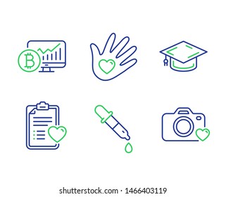Patient history, Bitcoin chart and Chemistry pipette line icons set. Graduation cap, Social responsibility and Photo camera signs. Medical survey, Cryptocurrency statistics, Laboratory. Vector