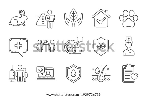 Patient history, Dog paw and Animal tested line\
icons set. Medical chat, Medical vaccination and Social distancing\
signs. Blood donation, Fair trade and Serum oil symbols. Doctor,\
Clean skin. Vector