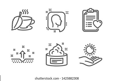Patient history, Head and Clean skin icons simple set. Mint tea, Skin cream and Sun protection signs. Medical survey, Profile messages. Healthcare set. Line patient history icon. Editable stroke
