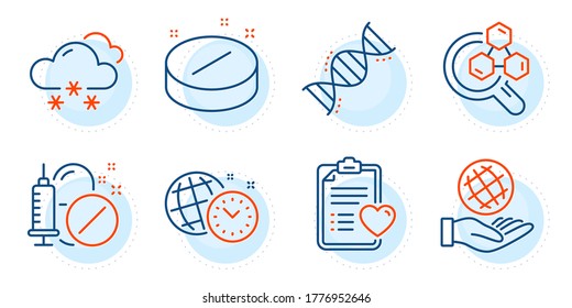 Historial de pacientes, manejo del tiempo y signos de comprimidos médicos. El tiempo de nieve, el laboratorio de Química y los íconos de la línea de medicamentos médicos se ponen. Planeta seguro, símbolos de la química. Snowflake, investigación de laboratorio. Vector