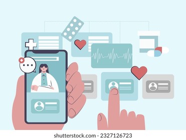 Patient holding mobile phone, looking at screen and searching for specialist. Online medical help. Patient using online consultation. Flat vector illustration in blue and red colors