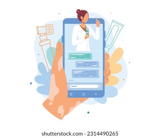 El paciente mantiene el teléfono mientras envía mensajes de texto a su médico en línea a través de la aplicación telefónica. Prestación de servicios de salud a distancia a través de Internet. Consulta médica remota para pacientes. Vector