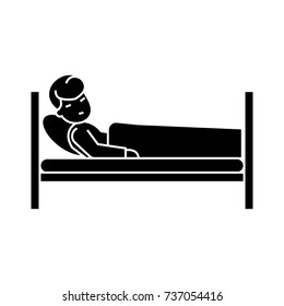 patient in hospital bed icon, vector illustration, black sign on isolated background