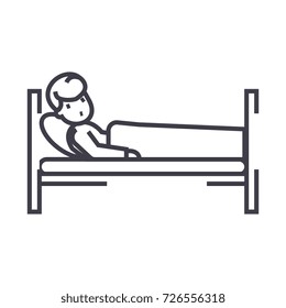 patient in hospital bed vector line icon, sign, illustration on background, editable strokes