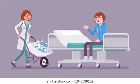 Patient and hospital doctor with cart full of medicines. Man in clinic given a heap of drugs to take, too much pills prescribed. Medicine and healthcare concept. Vector flat style cartoon illustration