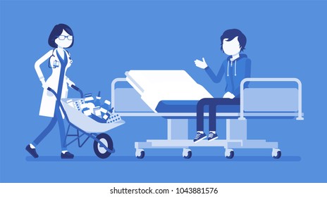 Patient and hospital doctor with cart full of medicines. Man in clinic given a heap of drugs to take, too much pills prescribed. Medicine and healthcare. Vector illustration with faceless characters
