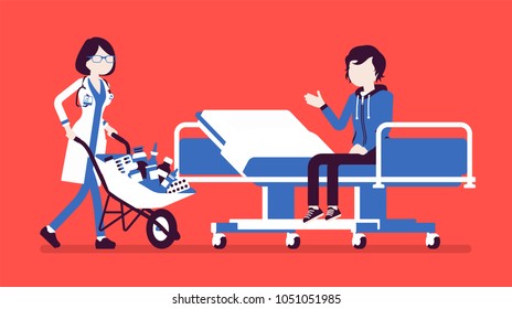 Patient and hospital doctor with cart full of medicines. Man in clinic given a heap of drugs to take, too much pills prescribed. Medicine and healthcare. Vector illustration with faceless characters