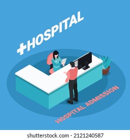 Patient at hospital receptionist 3D isometric vector concept for banner, website, illustration, landing page, flyer, etc
