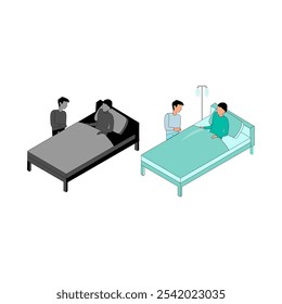 Hospitalización del paciente. Sodara Laki trata a una persona enferma acostada en una cama médica. Ilustración vectorial