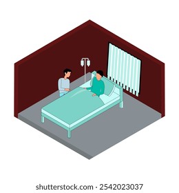 Hospitalización del paciente. Sodara Laki trata a una persona enferma acostada en una cama médica. Ilustración vectorial