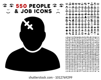 Patient icon with 550 bonus pity and glad user symbols. Vector illustration style is flat black iconic symbols.