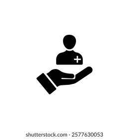 Patient icon. Customer icon with add, additional sign. Patient icon and new, plus, positive symbol. Patient, icon, new, customer, support, safety, retention, extra,