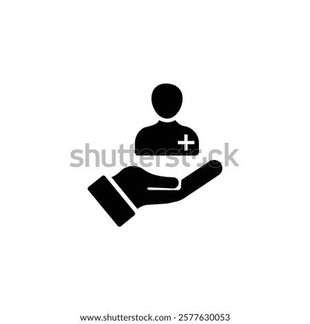 Patient icon. Customer icon with add, additional sign. Patient icon and new, plus, positive symbol. Patient, icon, new, customer, support, safety, retention, extra,