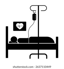 Patient icon with saline bottle. Silhouette of patient man in bed symbol. Patient icon vector on bed. Hospital medical checkup man vector illustration.