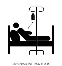 Patient icon with saline bottle. Silhouette of patient man in bed symbol. Patient icon vector on bed. Hospital medical checkup man vector illustration.