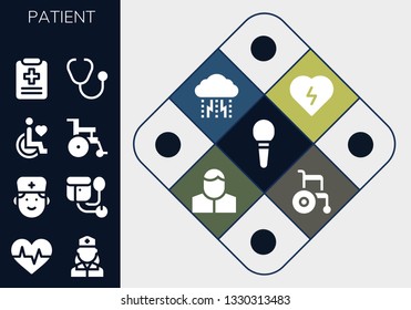 patient icon set. 13 filled patient icons.  Simple modern icons about  - Enema, Cardiogram, Nurse, Doctor, Sphygmomanometer, Disability, Wheelchair, Medical report, Stethoscope
