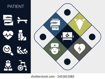 patient icon set. 13 filled patient icons.  Simple modern icons about  - Disabled, Nurse, Wheelchair, Enema, Plastered arm, Cardiogram, Inhaler, Stretcher, Handkerchief, Doctor