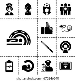 Patient icon. set of 13 filled patienticons such as mri, heartbeat clipboard, nurse, medical kit, scalpel, injured finger, nurse gown, medical group, doctor prescription