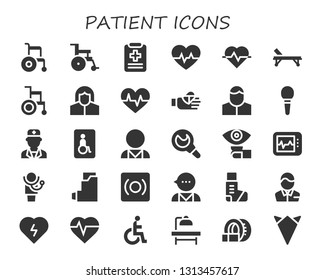 patient icon set. 30 filled patient icons.  Simple modern icons about  - Wheelchair, Medical report, Cardiogram, Stretcher, Pharmacist, Bandaged finger, Enema, Doctor, Wheelchairs