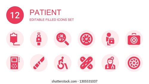 patient icon set. Collection of 12 filled patient icons included Iv, Nurse, Disease, Pressure, Doctor, Record, Scalpel, Disabled, Tongue depressor, Medical kit, Lens