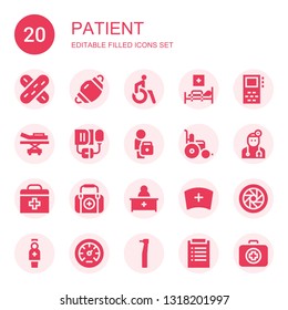 patient icon set. Collection of 20 filled patient icons included Tongue depressor, Dentist mask, Disabled, Medical bed, Record, Stretcher, Blood pressure, Doctor, Wheelchair, First aid