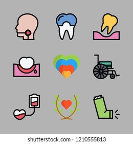 patient icon set. vector set about heart, blood transfusion, sore throat and wheelchair icons set.
