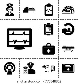 Patient icons. set of 13 editable filled patient icons such as heartbeat, mri, heartbeat clipboard, medical kit, blood pressure measure, first aid kit, nurse