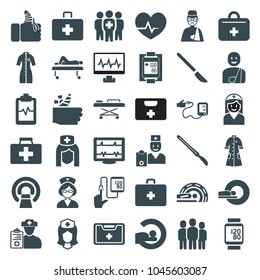 Patient icons. set of 36 editable filled patient icons such as heartbeat, first aid kit, mri, heartbeat clipboard, nurse, medical kit, man with broken arm, scalpel