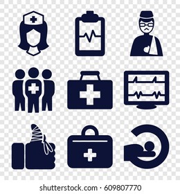 Patient icons set. set of 9 patient filled icons such as heartbeat, first aid kit, MRI, heartbeat clipboard, nurse, man with broken arm, injured finger