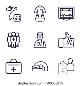 patient icons set. Set of 9 patient outline icons such as heartbeat, man with broken arm, injured finger, nurse gown, MRI, medical group, first aid kit, doctor prescription