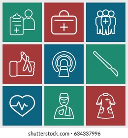 Patient icons set. set of 9 patient outline icons such as heartbeat, mri, man with broken arm, scalpel, injured finger, nurse gown, medical group, first aid kit
