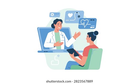 Patient interacts with doctor during virtual medical consultation via tablet for remote diagnosis and professional healthcare guidance at home.