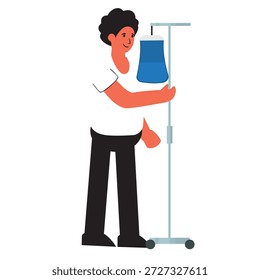 Patient with IV stand. Men with drip, vector illustration