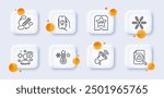 Patient, Keywords and Search document line icons pack. 3d glass buttons with blurred circles. Megaphone, Snowflake, Electric app web icon. Thermometer, Vip ticket pictogram. Vector