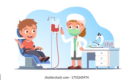 Patient kid getting donor blood transfusion treatment from hospital plasma dropper. Doctor or nurse person in mask hold blood sample in tube in clinic laboratory. Health care flat vector illustration