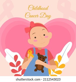 Patient kid with her toy.Girl cover her head with head scarf.Kid look tired and sick but she still smiling. Concept of childhood cancer awareness or encourage