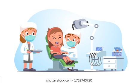 Niño paciente visitando a un dentista en una oficina de hospital dental para hacerse un chequeo para prevenir caries. Médico y asistente examinando los dientes de las personas en la silla de la clínica de dentistas. Ilustración vectorial plana de la atención de la salud dental