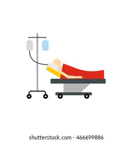 Patient in l stretcher bed on a drip icon in flat style on a white background