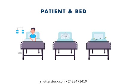 Patient laying at bed resting and empty patient at bed at hospital or clinic illustration set