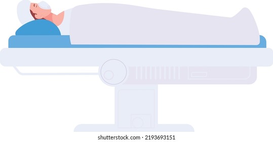 Patient laying on surgical table. Medical operation place isolated on white background
