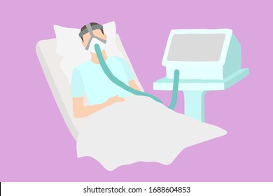 Patient lies in a hospital bed with connected artificial lung ventilation. A seriously ill man with a lung problem breathes using an artificial respiration apparatus. Pneumonia, coronavirus, pulmonary