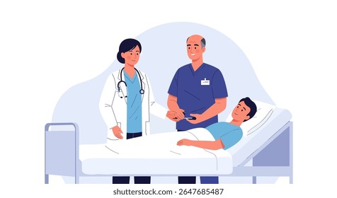 Um paciente se deita em uma cama de hospital enquanto um médico e enfermeiro o atendem, fornecendo assistência médica e apoio.