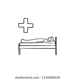 Patient lies on the couch hand drawn outline doodle icon. Hospice and hospital ward concept vector sketch illustration for print, web, mobile and infographics on white background.