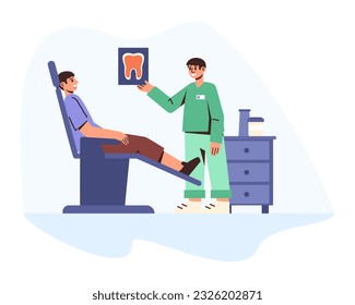Patient lies on couch and looks at doctor, medic showing poster with tooth. Concept of dentistry and oral care. Teeth treatment using medical equipment. Vector flat illustration in blue colors