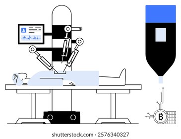 A patient lies on an operating table assisted by robotic surgical arms and a digital monitor. A large dropper and blockchain network icon are also visible. Ideal for health technology, robotic