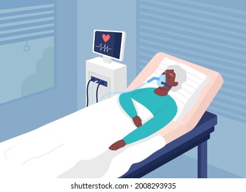 Patient with life-threatening condition flat color vector illustration. Postoperative recovery room. Sick person in critical state 2D cartoon character with cardiac monitoring on background