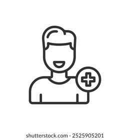 Patient, in line design. Patient, healthcare, hospital, medical care, clinic, treatment, patient care on white background vector. Patient editable stroke icon